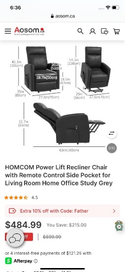 GREY POWER LIFT RECLINER CHAIR WITH REMOTE