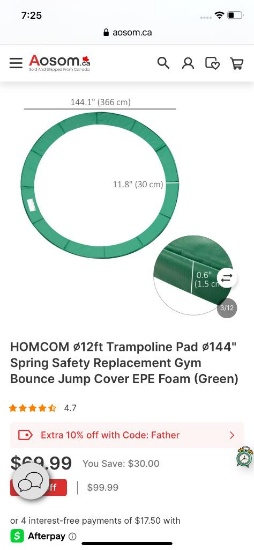 12FT TRAMPOLINE REPLACEMENT PAD COVER -GREEN