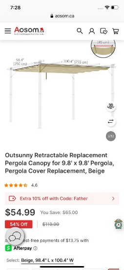 9.8FT X 9.8FT PERGOLA REPLACEMENT CANOPY