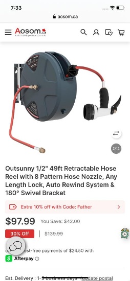 1/2IN 49FT RETRACTABLE HOSE REEL WITH HOSE NOZZLE