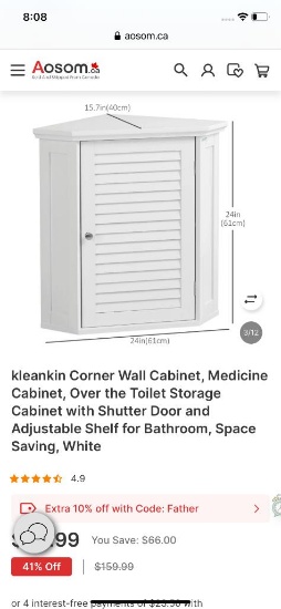 BATHROOM CORNER WALL CABINET OVER TOILET -WHITE