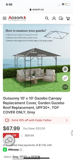 10FT X 10FT REPLACEMENT CANOPY GAZEBO COVER