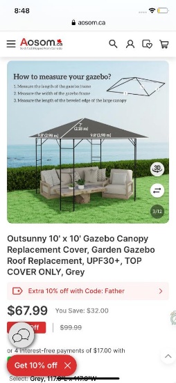 10FT X 10FT REPLACEMENT GAZEBO CANOPY COVER