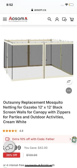 REPLACEMENT MOSQUITO NETTING FOR GAZEBO 12FT X 12FT