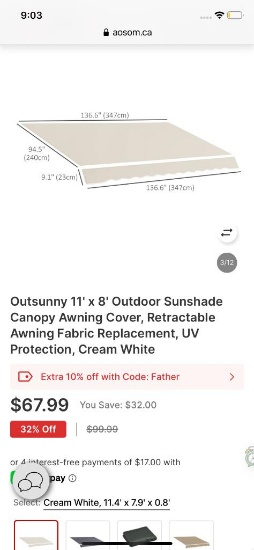 11FT X 8FT SUNSHADE CANOPY AWNING COVER