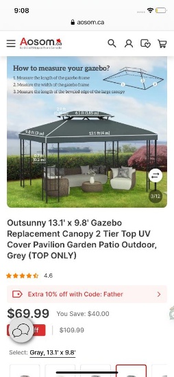 13.1FT X 9.8FT 2-TIER REPLACEMENT GAZEBO CANOPY