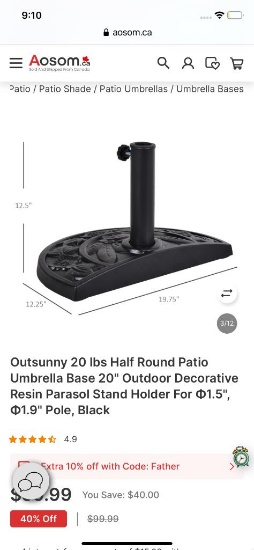 20LBS HALF MOON PATIO UMBRELLA BASE