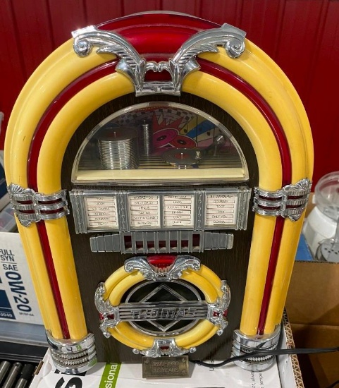 SMALL VINTAGE JUKEBOX WITH CASSETTE TAPES