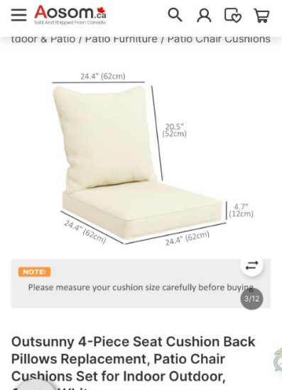 2 CUSHION REPLACEMENTS FOR PATIO CHAIR- WHITE