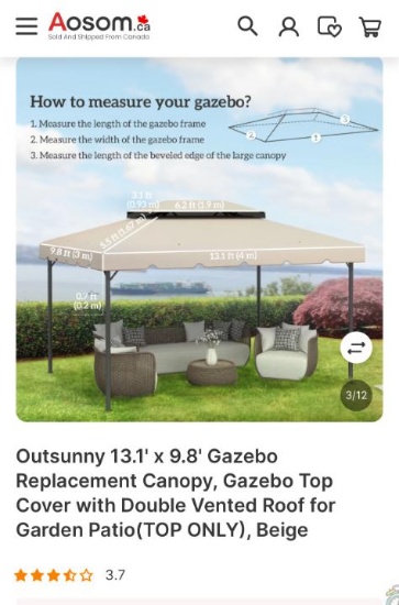 13.1 X 9.8 GAZEBO REPLACEMENT CANOPY