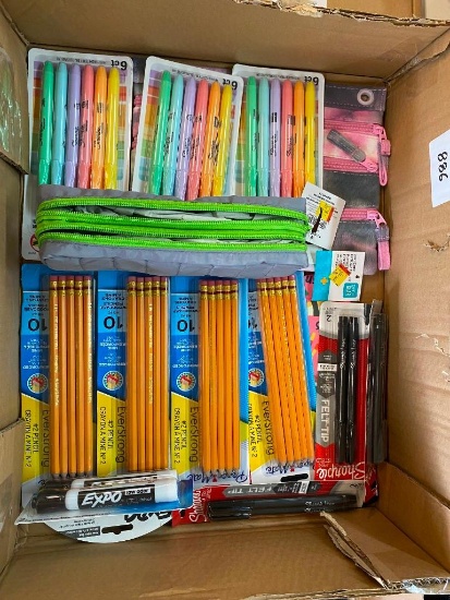 BOX LOT OF MARKERS, PENCILS, PENS, AND PEN BAG(S)