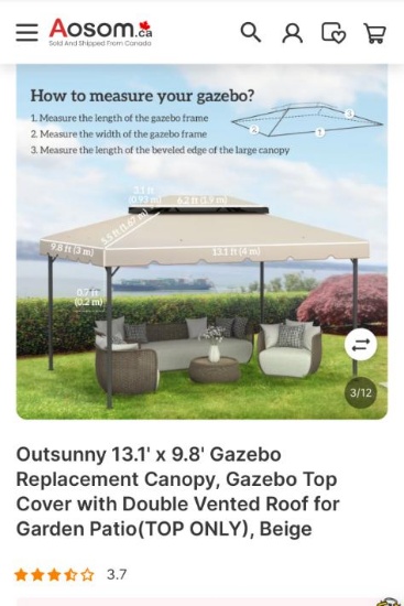 13.1 X 9.8 GAZEBO CANOPY REPLACEMENT TOP-BEIGE