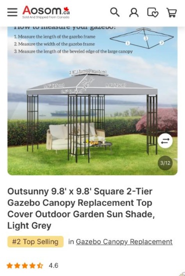 9.8 X 9.8 GAZEBO CANOPY REPLACEMENT TO9P-LIGHT GREY