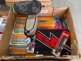 BOX LOT OF ASSORTED MARKERS, PENCILS, PENS, AND PEN BAGS