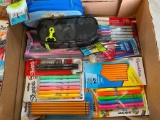 BOX LOT OF ASSORTED MARKERS, PENCILS, PENS, AND PEN BAGS