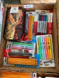 BOX LOT OF ASSORTED MARKERS, PENCILS, PENS, AND PEN BAGS