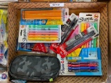 BOX LOT OF ASSORTED MARKERS, PENCILS, PENS, AND PEN BAGS