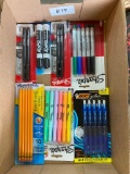 BOX LOT OF ASSORTED MARKERS, PENCILS, AND PENS