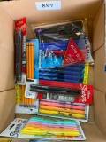BOX LOT OF MARKERS, PENCILS, AND PENS