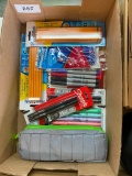 BOX LOT OF MARKERS, PENCILS, PENS, AND PEN BAG(S)