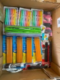 BOX LOT OF MARKERS, PENCILS, PENS, AND PEN BAG(S)