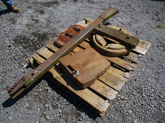 PALLET OF WEIGHTS & WAGON TONGUE