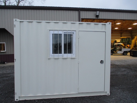 10' STORAGE CONTAINER W MAN DOOR  &  WINDOW HAS SOME DAMAGE TO WINDOW CASING