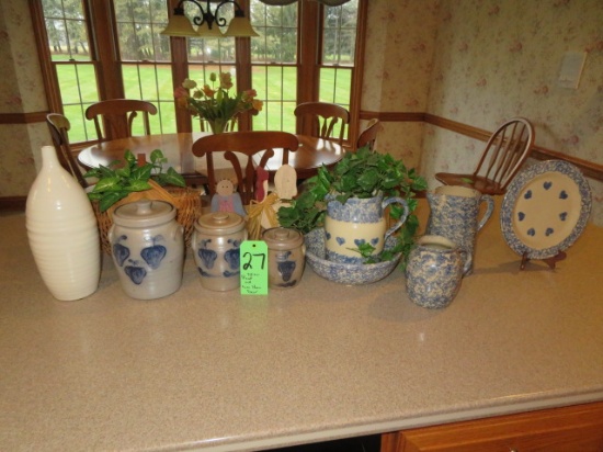 Stoneware Pitchers, Row Pottery Blue Decorated crock set