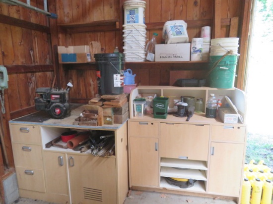 Contents of Corner - engine, buckets, cabinets, etc.