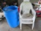 Rain water barrel, (2) plastic chairs