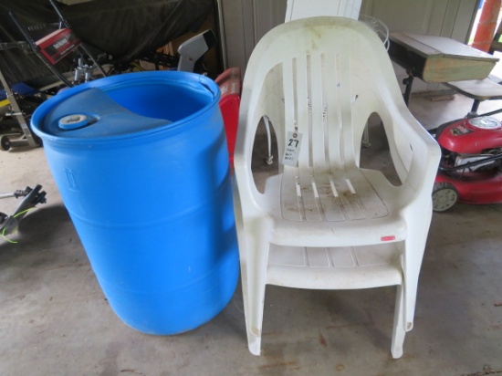 Rain water barrel, (2) plastic chairs