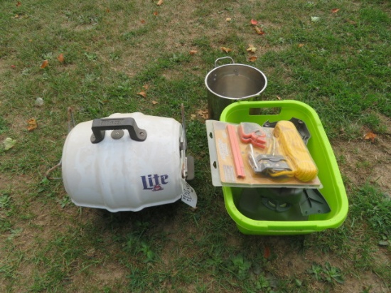 Miller Lite BBQ grill, Deer gambrel, stainless pot