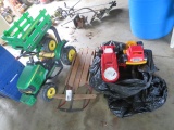 John Deere toy tractor, sled, misc. toys