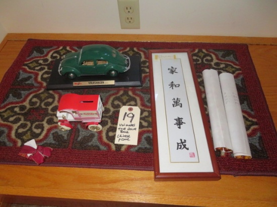 VW model car, Tru Value bank, Chinese scroll picture