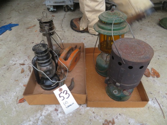 Coleman lantern & heater, barn lanterns, pulley