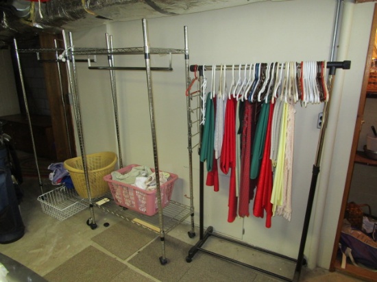Clothing racks with clothes, towels, etc.