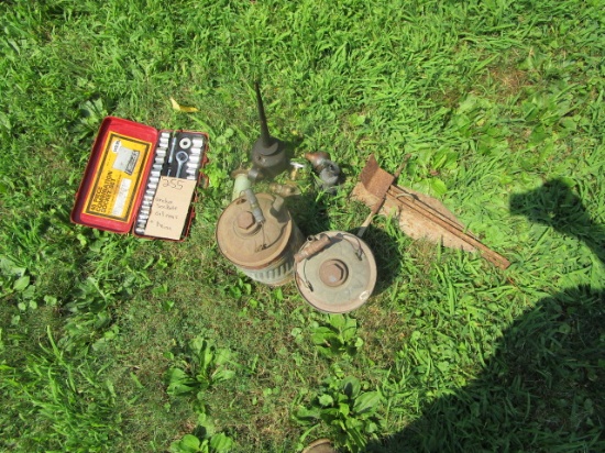 Socket set, oil cans, etc.