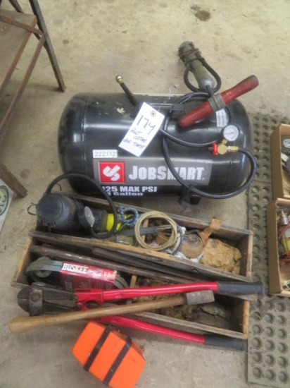 Portable air tank, bolt cutters, tools