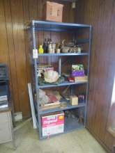 Metal shelving unit with contents