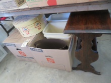 Trash cans, magazine rack, books