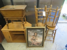 Wooden stools, end tables, framed picture