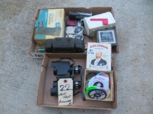 2 way radios, political buttons, binoculars