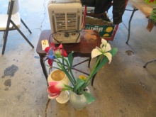 Wooden table, heater, vases