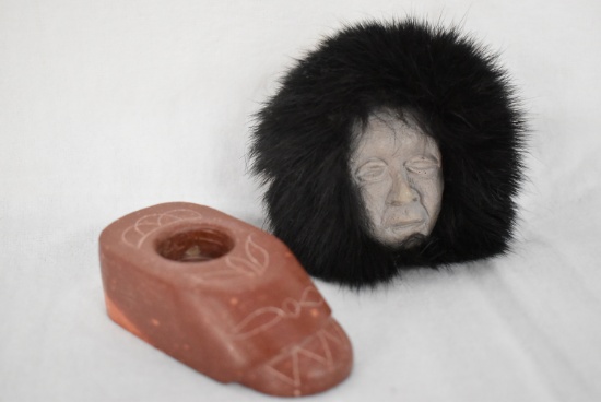 PIPE STONE CARVED SHOE AND 3 IN STONE MASK!