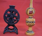 IRON CANNON CANDLESTICK AND SIGNED WOODEN LITE!