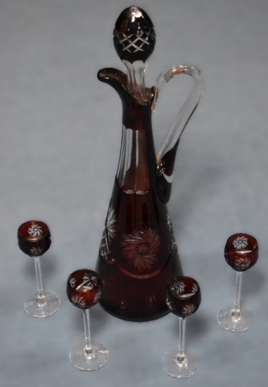 19TH CENTURY RUBY CUT TO CLEAR PITCHER & GLASS SET