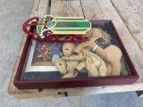 Stuffed animals, shadow box and Wagon hanging