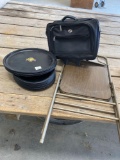 Platters, luggage bag, folding chair
