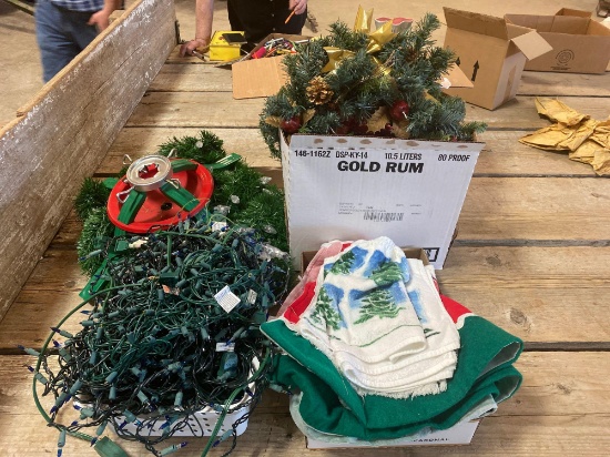 Christmas Lot, tree skirts, lights, artificial flowers, wreath, tree stand