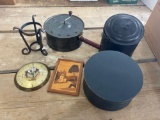 Vintage lunchbox, popcorn popper, barometer, wooden box, misc.